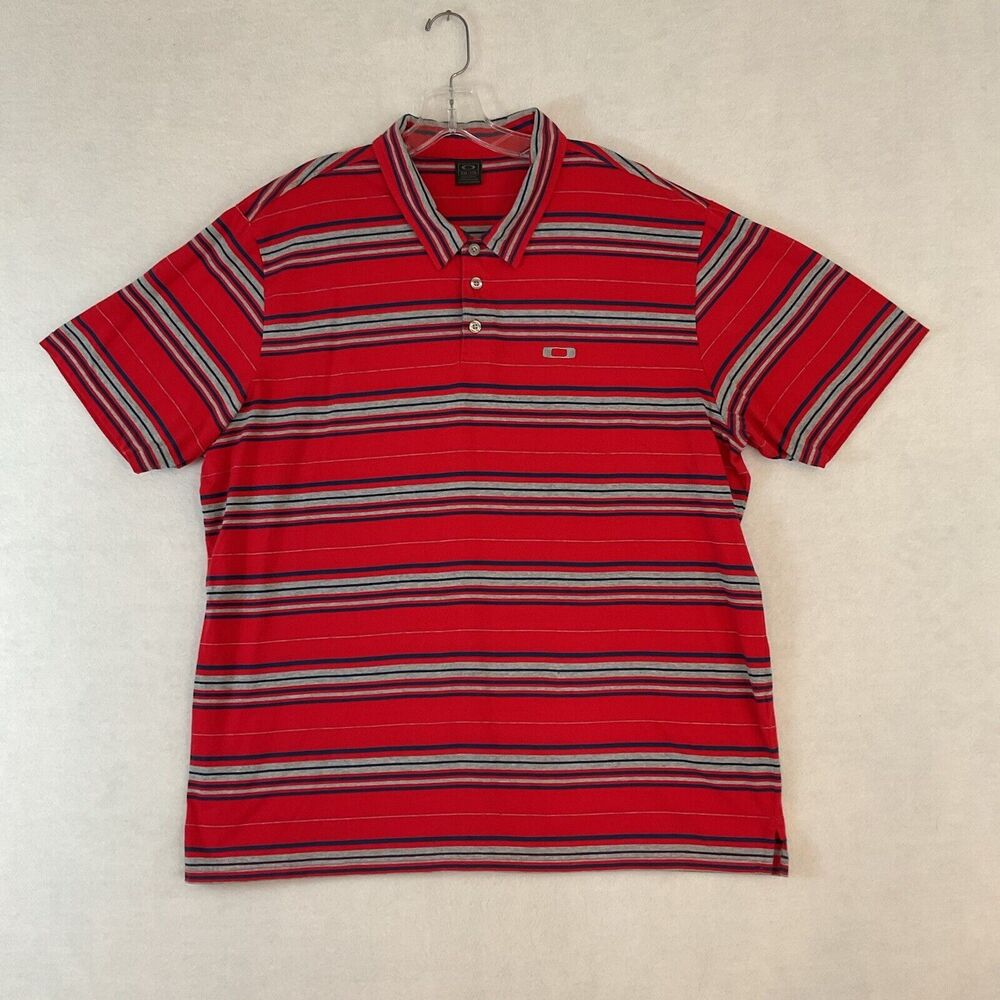 Oakley Shirt Men’s XXL Red Gray Navy Blue Striped Knit Polo Short Sleeve Collar‎